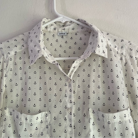 Pimkie white button up blouse anchor print long sleeve top - Picture 2 of 9